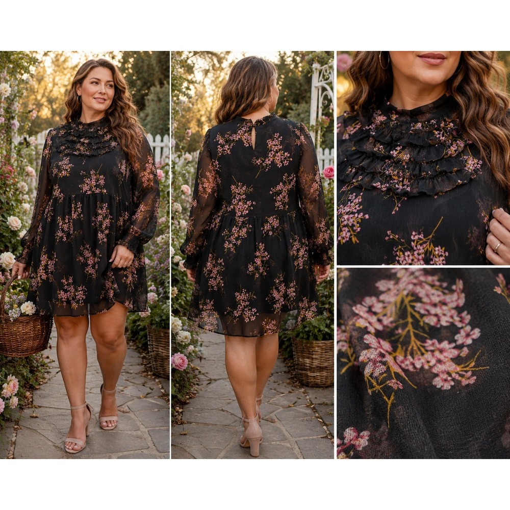 Who What Wear Floral Ruffle Chiffon Babydoll Dress XL Black‎ Boho Cottagecore